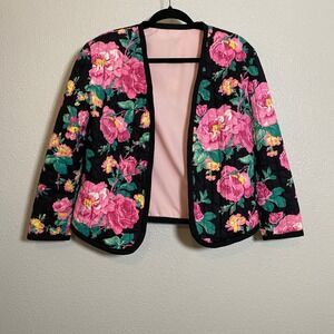 Vintage Handmade Black Floral Quilted Jacket Medium Upcycled Dark Feminine Fairy